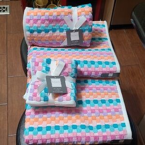Soho Pink, Teal & Peach Check Waffle Bath Towel Set
